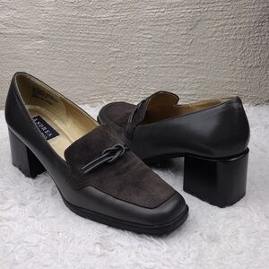 Andrea Viccaro Dark Grey Leather Suede Upper Square Toe Blocked High Heel Shoe